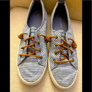 Speedy Chambray Blue & White Stripe Sneakers Rawhide Laces SZ 10